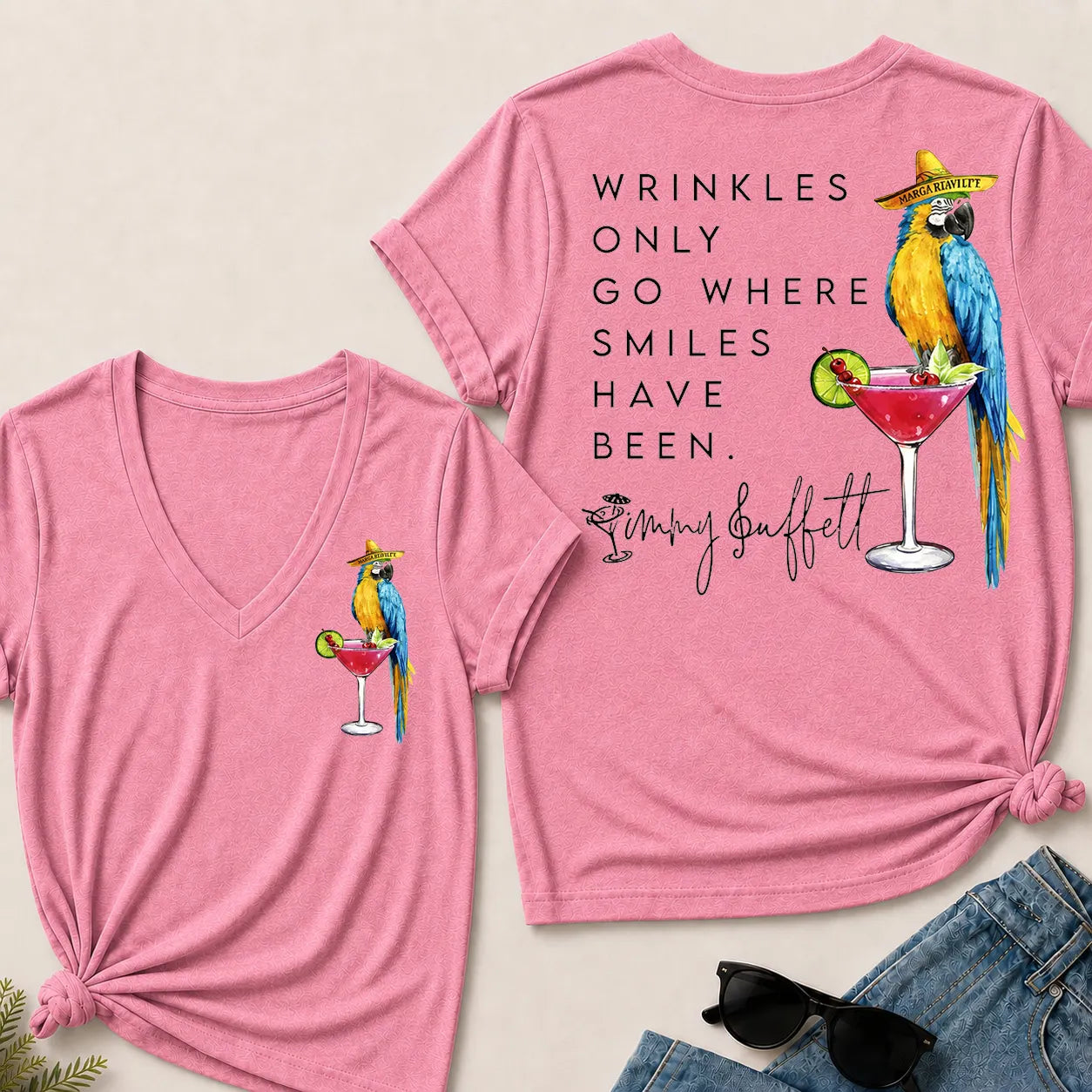 Wrinkles Only Go Where Smiles Have Been – Jimmy Buffett Tribute V-Neck Tee