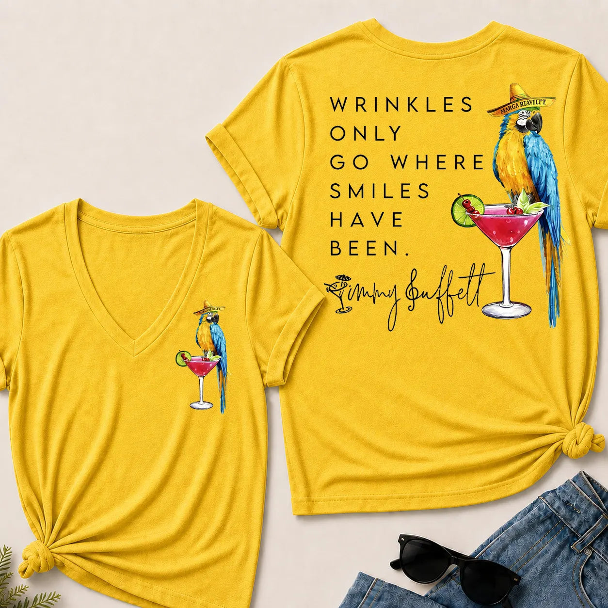 Wrinkles Only Go Where Smiles Have Been – Jimmy Buffett Tribute V-Neck Tee