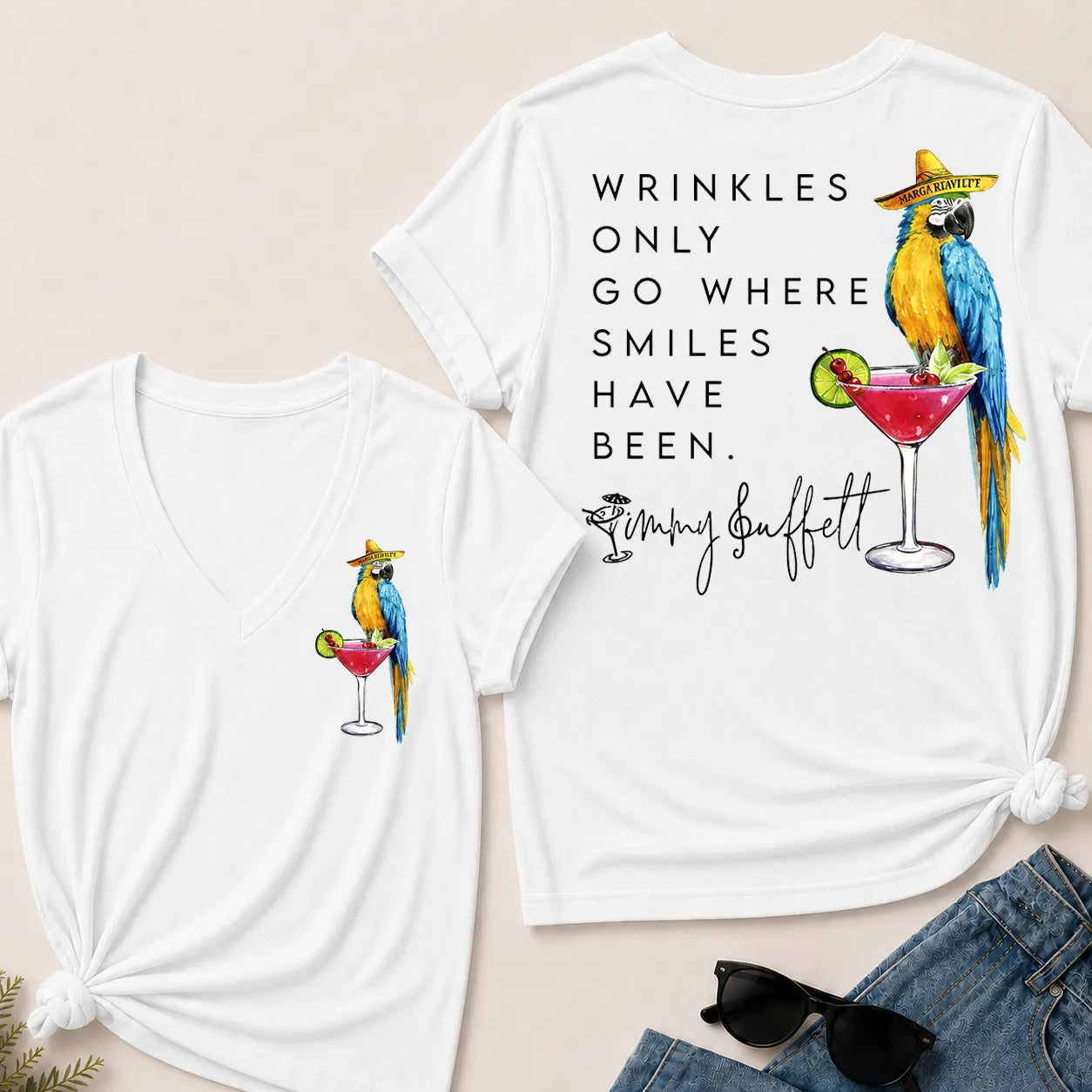 Wrinkles Only Go Where Smiles Have Been – Jimmy Buffett Tribute V-Neck Tee