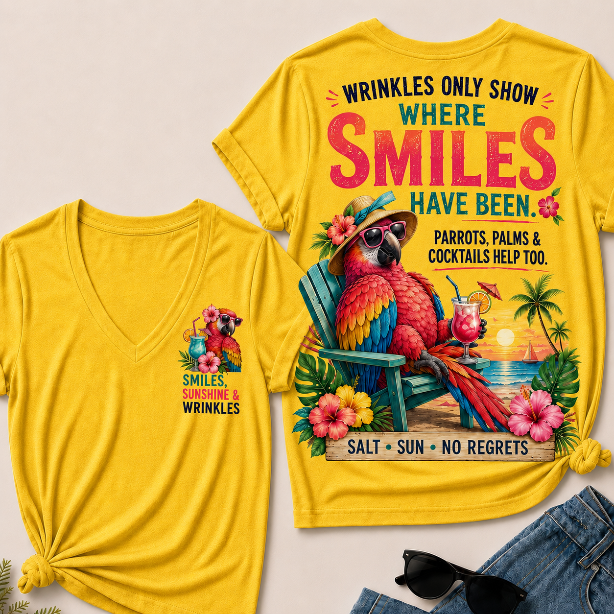Wrinkles Only Show Where Smiles Have Been Funny Retirement V-Neck Tee For Women – Tropical Parrot Beach Vacation Graphic V-Neck Tee