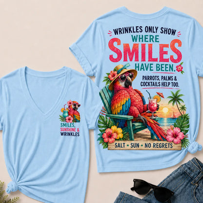 Wrinkles Only Show Where Smiles Have Been Funny Retirement V-Neck Tee For Women – Tropical Parrot Beach Vacation Graphic V-Neck Tee