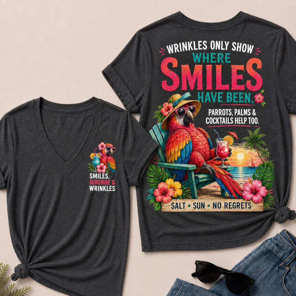 Wrinkles Only Show Where Smiles Have Been Funny Retirement V-Neck Tee For Women – Tropical Parrot Beach Vacation Graphic V-Neck Tee