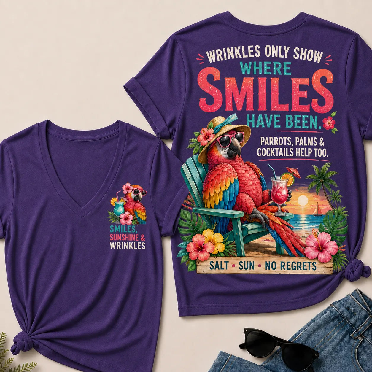 Wrinkles Only Show Where Smiles Have Been Funny Retirement V-Neck Tee For Women – Tropical Parrot Beach Vacation Graphic V-Neck Tee