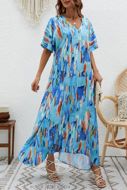 Elegant V-Neck Printed High Waist Loose Swing Dress