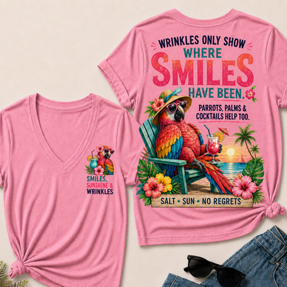 Wrinkles Only Show Where Smiles Have Been Funny Retirement V-Neck Tee For Women – Tropical Parrot Beach Vacation Graphic V-Neck Tee