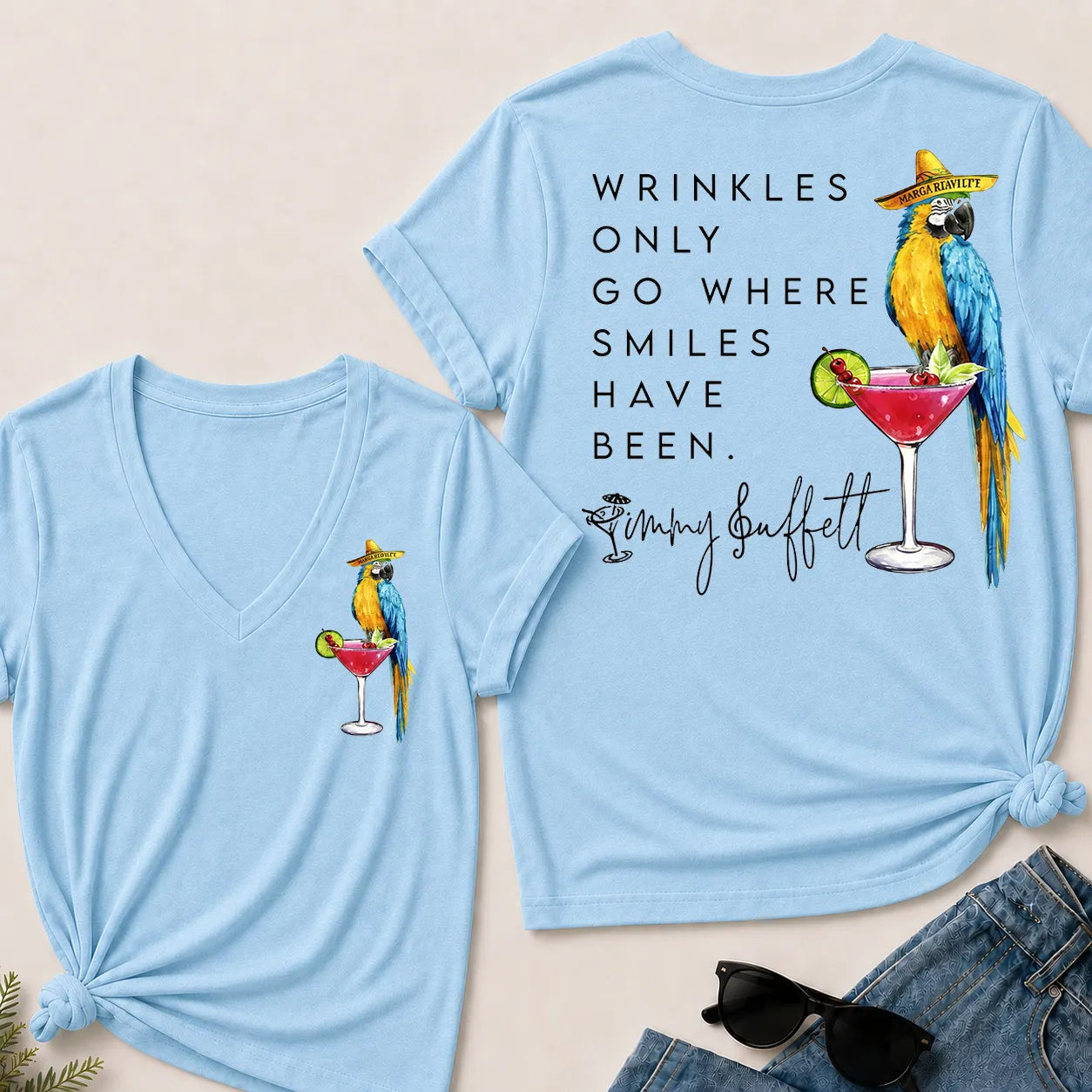 Wrinkles Only Go Where Smiles Have Been – Jimmy Buffett Tribute V-Neck Tee
